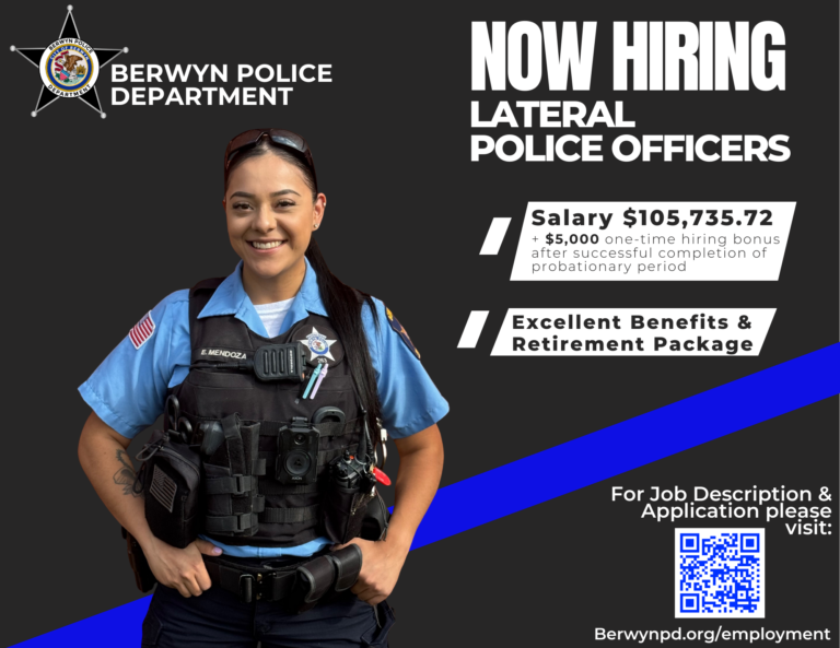 Now hiring lateral police officers flyer, Salary 105735.72 + 5000 on time hiring bonus after successful completion of probationary period